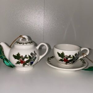 🫖☕️Portmeirion Holly & Ivy Teapot Teacup Saucer Mini Ornaments NEW porcelain